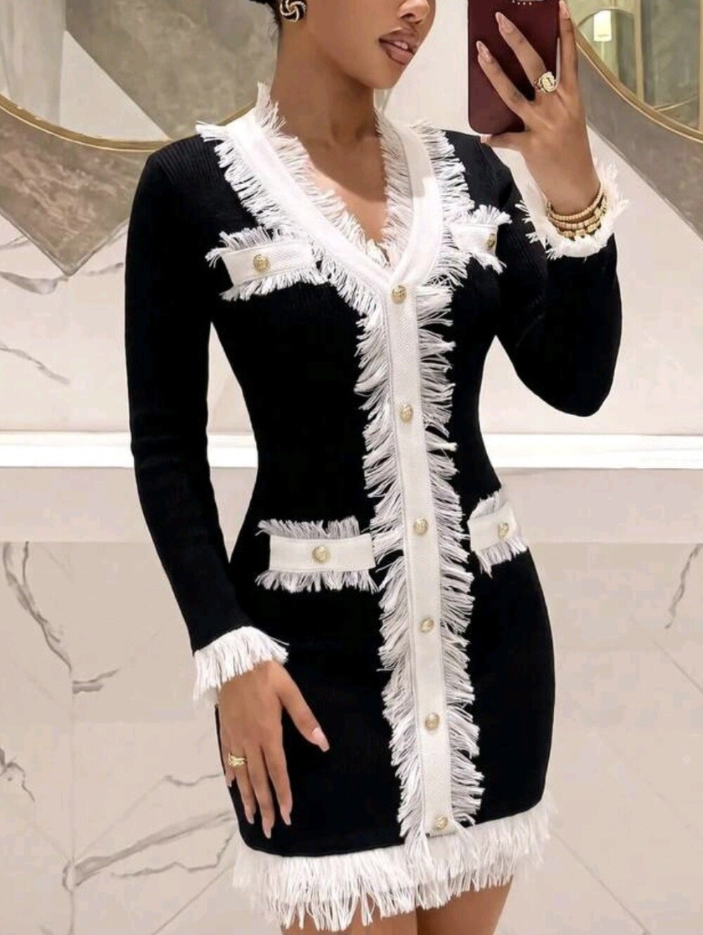 Women Black White Fringe Trim Knit Mini Dress V Neck Long Sleeve Gold Button